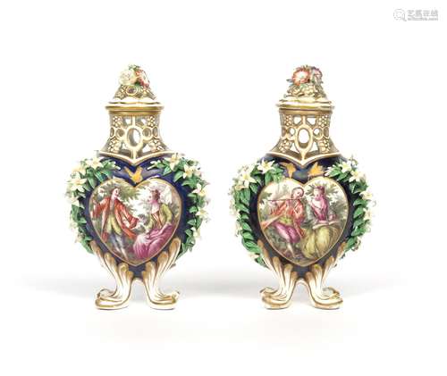 A rare pair of Chelsea pot pourri vases and covers c.1760, painted with heart-shaped panels of