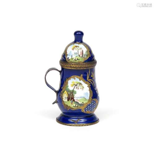 A Staffordshire enamel mustard pot and cover c.1780, the baluster form painted with panels of