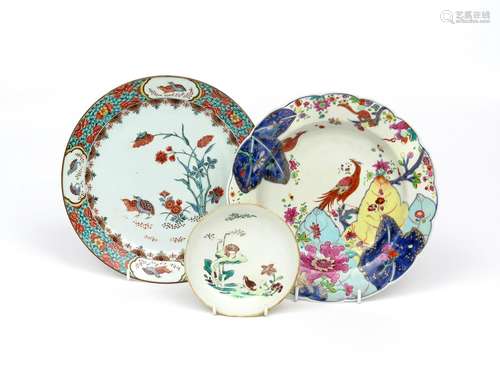 Two Chinese porcelain plates and a saucer 18th/early 19th century, one decorated in famille verte