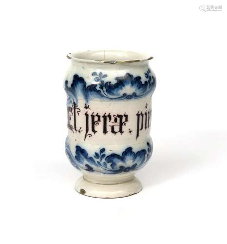 A Savona or Turin maiolica albarello c.1680, of dumbbell form, inscribed in manganese with 'El jerae