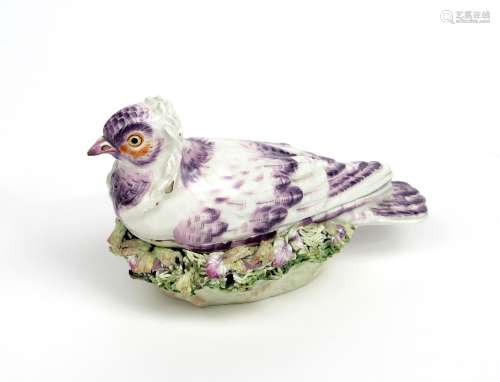 A Derby 'capuchine pigeon' tureen and cover c.1760, naturalistically modelled with plumage picked
