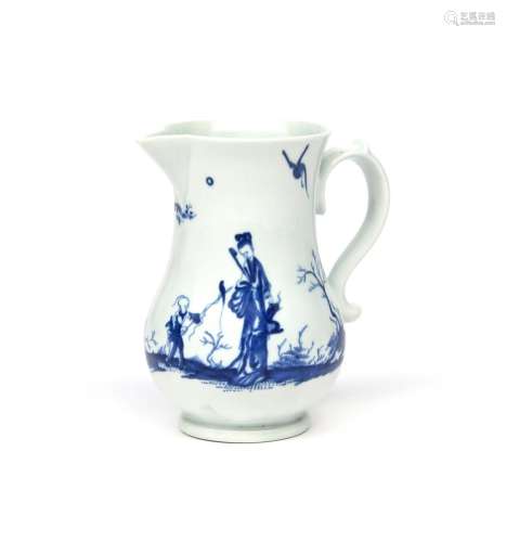 A Worcester blue and white jug c.1758, well painted with the Walk in the Garden pattern, a long