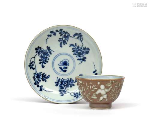 A rare Chinese Batavian European-decorated teabowl and saucer Kangxi 1662-1722, decorated in