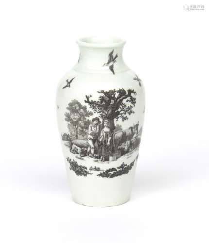 A Worcester vase c.1770, finely printed in black with a Milking Scene and Rural Lovers after