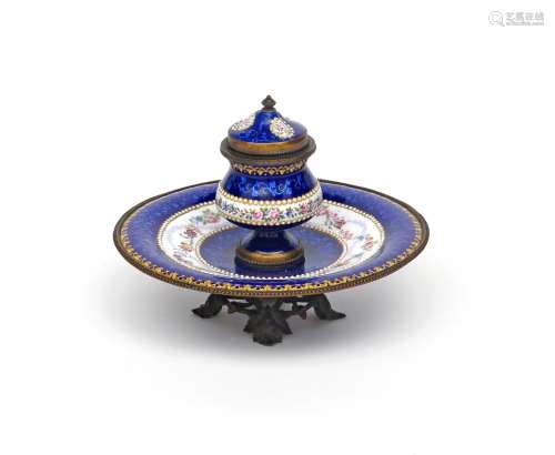 A Continental enamel inkstand 19th century, the shaped pot fitted with a porcelain insert, mounted