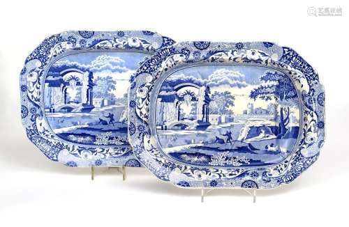 Two Spode blue and white transferware meat platters or chargers 19th century, printed in the Italian