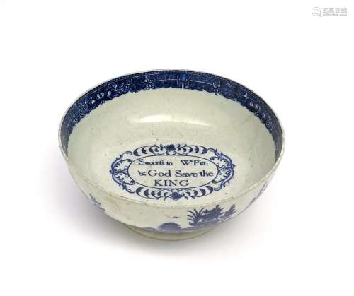 A pearlware Election punchbowl c.1784, the exterior printed in underglaze blue with Chinese pagoda