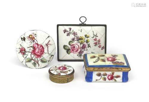 A Bilston enamel patch box c.1770, of rectangular form, painted with a moth perched on a pink rose