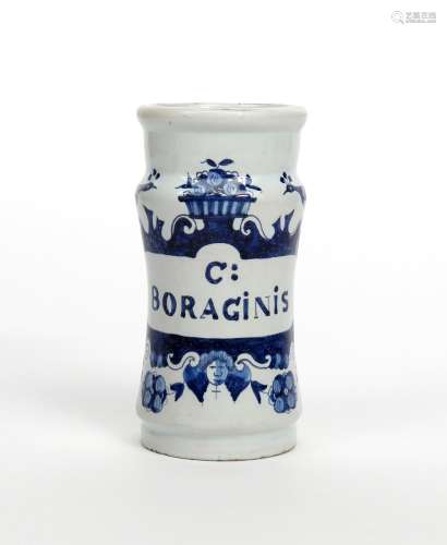 A Delft drug jar late 18th/19th century, of waisted albarello form, painted in blue with a cartouche