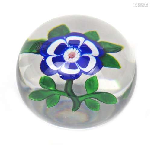 A large Baccarat flower paperweight c.1850, set with a primrose with striped blue and white petals