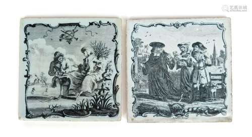 Two Liverpool delftware tiles c.1757-61, printed in black by John Sadler, one with a Tithe Pig scene