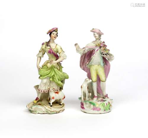 A matched pair of Derby figures of the Dresden shepherds c.1758-64, he of the Pale Family type,