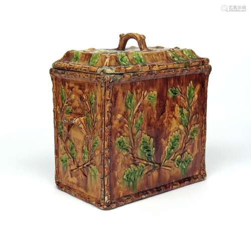 A large Scottish Portobello Majolica bread box and cover 19th century, the rectangular form