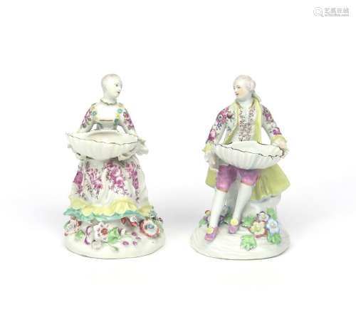 A near pair of early Derby sweetmeat figures c.1756-58, modelled as a gallant and his companion