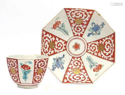 A Chelsea octagonal teabowl and saucer c.1750-52, painted in the Kakiemon palette with alternating