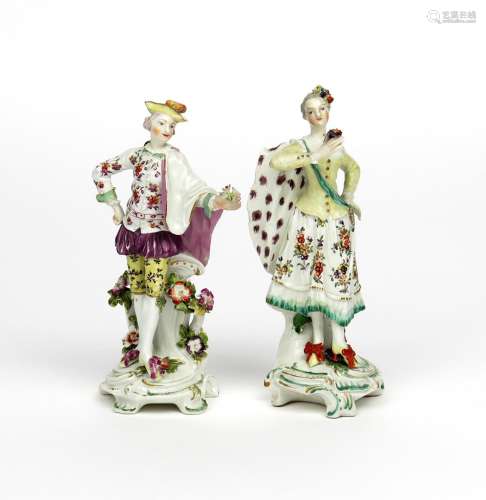 A pair of Derby figures of the Ranelagh Dancers c.1765, each standing in dancing pose with a small