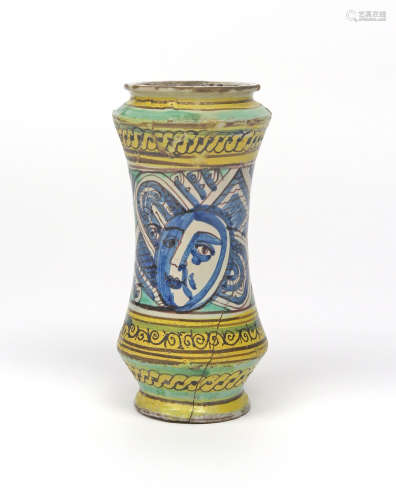 A Sicilian maiolica albarello 17th/18th century, Palermo, painted with the heads and shoulders