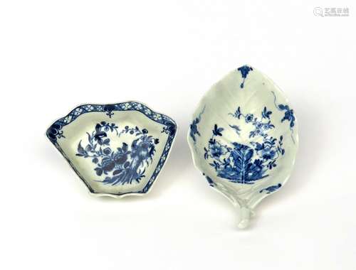 A large Worcester blue and white pickle dish c.1755, of deep leaf shape, painted with the Two