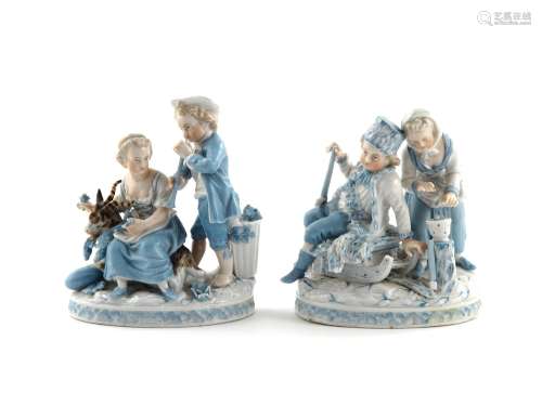 A pair of Thuringian porcelain figure groups of Autumn and Winter 19th century, after Meissen,