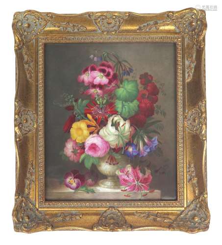 An English porcelain rectangular plaque c.1840, well painted with a vase of flowers including