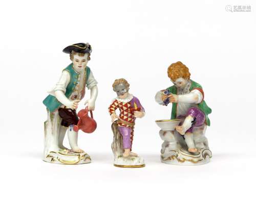 Three small Meissen figures 20th century, one of a young gardener holding a watering can, another of
