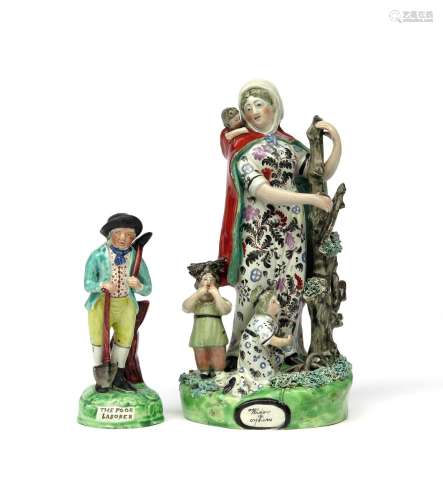 Two Staffordshire pearlware figures c.1810, one of the Widow and Orphans, two children gathering