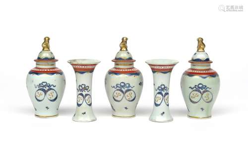 A Samson porcelain five vase garniture 19th century, in the Chinese manner, comprising three