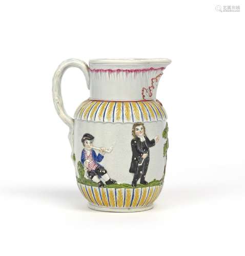 A large pearlware jug c.1810, moulded in relief with the Parson, Clerk and Sexton, the three figures