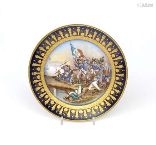 A Sèvres-style cabinet plate late 19th century, painted with a battle scene after Horace Vernet's
