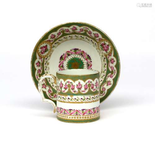 A large Sèvres-style mug and stand 2nd half 18th century, painted with sprays and garlands of pink