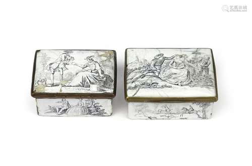 Two English enamel snuff boxes c.1760, printed in black with scenes of courting couples to the lids,