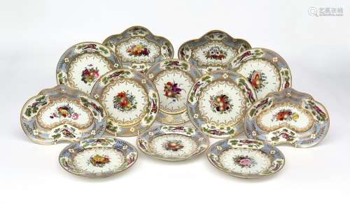 A Chamberlain Worcester part dessert service c.1810, the wells finely painted with arrangements of