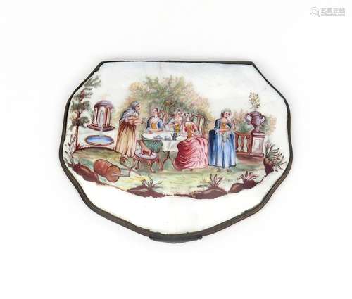 A large enamel plaque or box cover c.1760-70, painted with a fortune teller reading the tea leaves