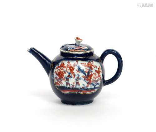A Lowestoft teapot and cover c.1765, painted with a panel of Chinese figures to one side, the