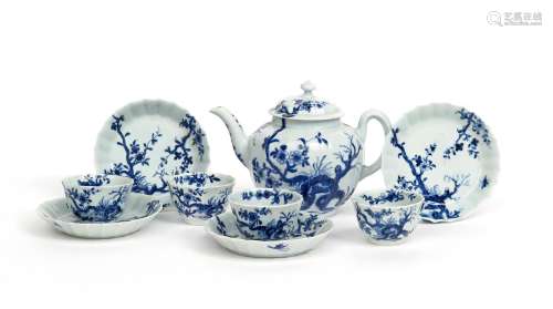 A Worcester blue and white part tea service c.1755, comprising of a teapot and cover, four
