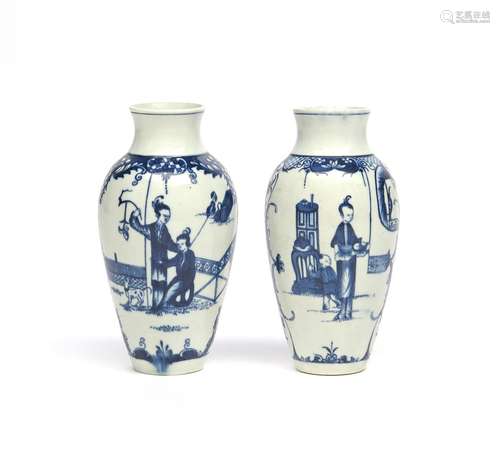 A pair of Worcester blue and white ovoid vases c.1770, painted with the Telephone Box pattern,