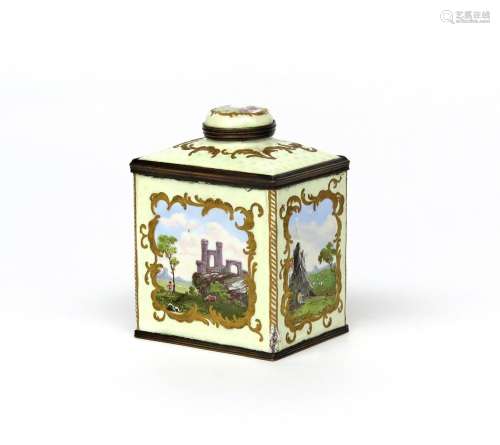 A Staffordshire enamel tea canister and cover c.1770-80, the rectangular form painted with panels of