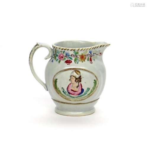 A pearlware commemorative jug c.1820, moulded to each side with the head and shoulders portrait of