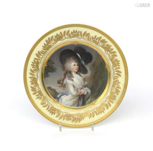 A Dresden porcelain cabinet plate early 20th century, painted after Gainsborough with a portrait
