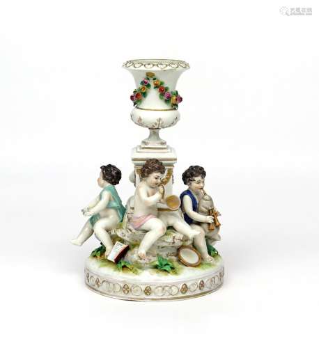 A Continental porcelain centrepiece emblematic of Music 19th century, after Meissen, with four putti