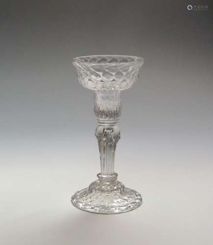 An unusual sweetmeat or champagne glass c.1745, the pan-topped bowl moulded with honeycomb and
