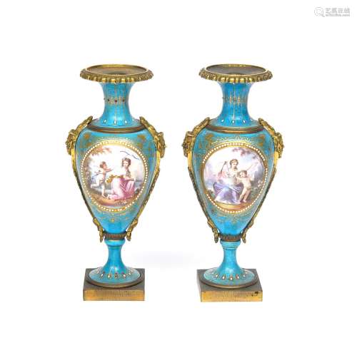 A pair of small ormolu-mounted Sèvres-style vases 19th century, painted with maidens teasing