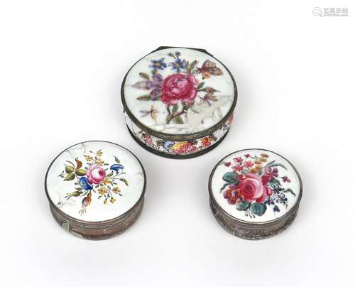 Three Bilston enamel snuff boxes c.1760-80, one painted with a butterfly alighting on a spray of