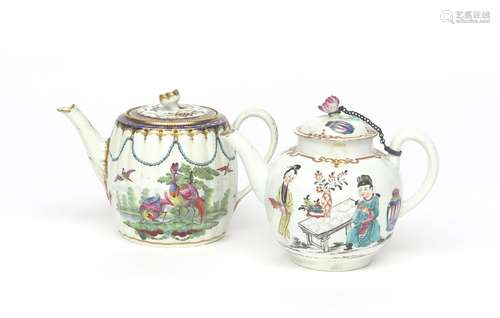 Two Worcester teapots and covers c.1760-65, one of fluted barrel form and painted with fancy birds