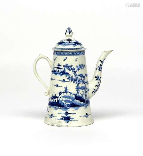 A rare Derby blue and white coffee pot and cover c.1765, of tapered cylindrical form, painted with a