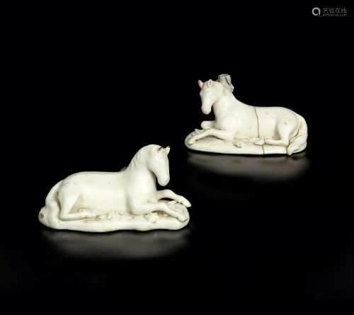 A rare pair of Longton Hall 'Snowman' type figures of horses c.1750-52, left in the white and