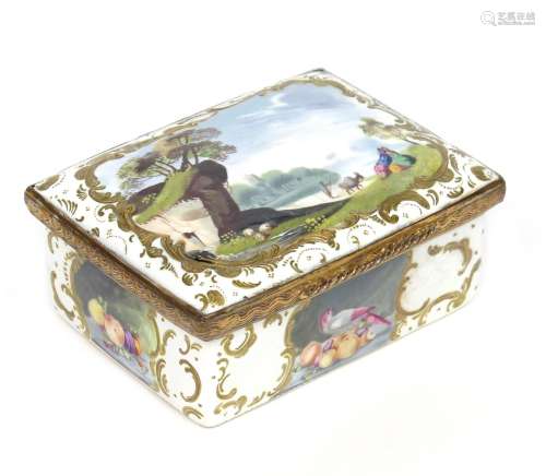 A Bilston enamel rectangular snuff box c.1760-80, the cover painted with a couple seated on a grassy