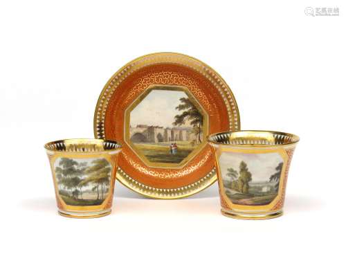 A good Chamberlain Worcester trio c.1805, of a tea cup, coffee cup and saucer, finely decorated with