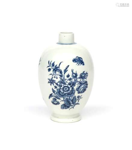 A rare Lowestoft blue and white tea canister c.1775, the ovoid form printed with the Three Flowers