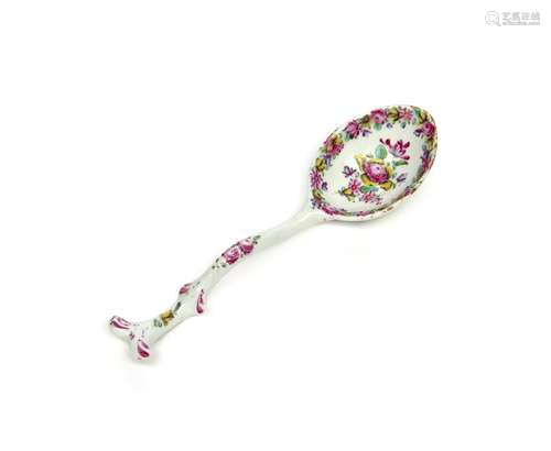 A rare Bow spoon or ladle c.1760, the bowl painted to both sides with bold, colourful flower sprays,